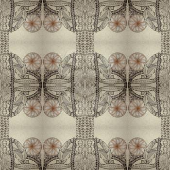Seamless backdrop in the style of zenart. Geometric shapes, feathers and leaves. Hand-drawn.