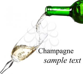 Champagne being poured into glass or flute, isolated on a white background.(with sample text)