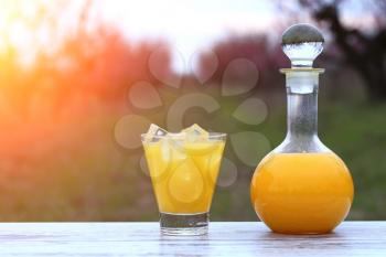 Bottle and glass with orange juice, ice cubes in glass at flower peach tree garden