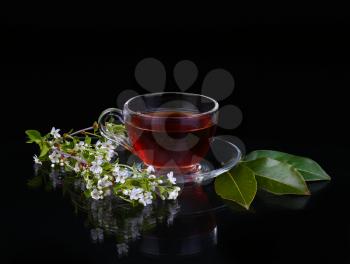 cup of tea and cherry branch