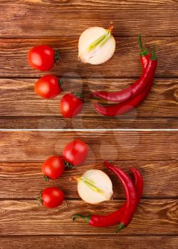 collage Red hot cherry and chili peppers over white wooden background onion 