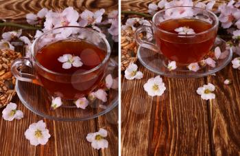 collage tea and a branch of cherry blossoms on a wooden