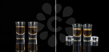 collage Two glasses of whiskey on black table