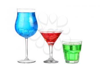 Three cocktail red blue and green isolated on white background