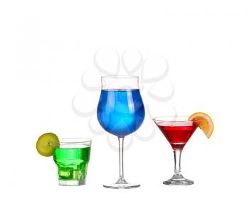 Three cocktail red blue and green isolated on white background