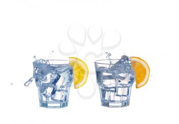 collage Glass of water, ice and slice of fresh lemon on a white background