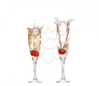 collage Single Strawberry splashing into a glass of champagne