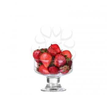 Fresh strawberry fruit in a glass dish isolated on a white background.
