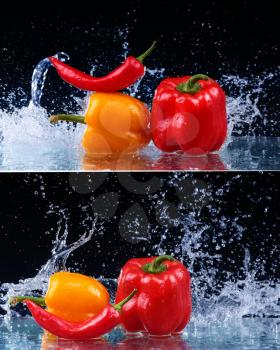 Collage Pepper in spray of water. Juicy pepper with splash on black background