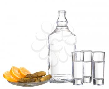 blank label vodka glass and lemon on white background
