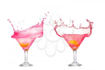 Fresh pink cocktail, lemon isolated on white background splash