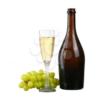 glass of wine and grape branch isolated on white background