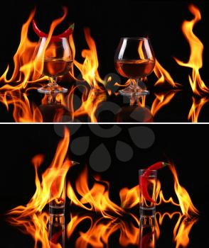 collage Hot chili pepper in a  cognac ballon with a fire on a black background