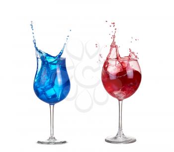 collage two red and blue cocktail isolated on white background