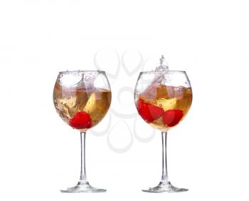 collage  Single Strawberry splashing into a glass of wine