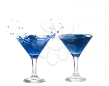 collage of blue cocktail with splashes isolated on white background