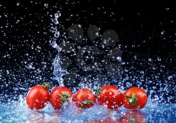 Studio shot with freeze motion of cherry tomatoes in water splash on black background