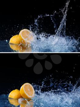 Sliced lemon in the water on black background