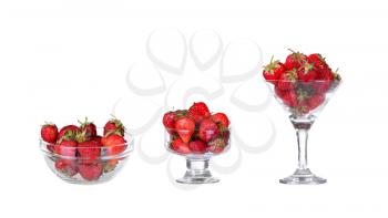 collage  Fresh strawberry fruit in a glass dish isolated on a white background.