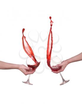 collage  Red wine splashing from glass, isolated on white background