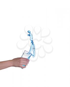 Blue water splashing in glass held by hand, white background