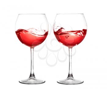 collage Red wine splashing from glass, isolated on white background