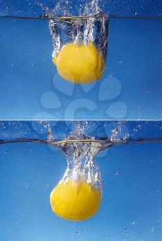 collage Whole lemon dropped in water against gradient blue background