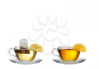 collage Tea in glass cup isolated on white background
