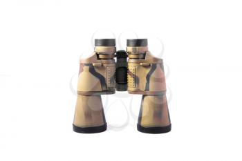 large camouflaged, khaki, black binoculars isolated on white. especially for hunters and military