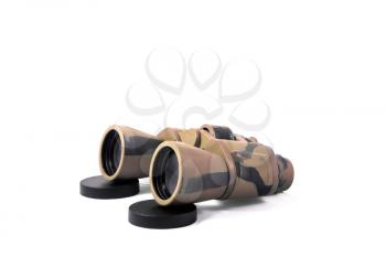 large camouflaged, khaki, black binoculars isolated on white. especially for hunters and military
