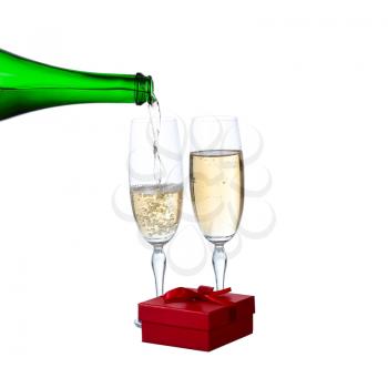 red box with glasses of champagne isolated on white 