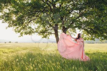 Beauty Romantic Girl Outdoors. Beautiful Teenage Model Dressed in Long Pink Dress on the Field in Sun Light. Blowing Long Hair. Autumn. Glow Sun, Sunshine. Backlit. Toned in warm colors