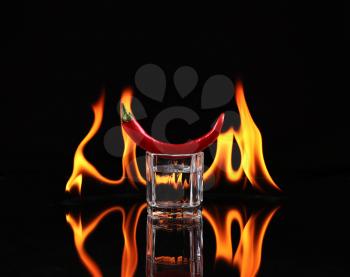 Stack of tequila on fire. Red burning pepper in a glass with alcohol also burns with fire in black background