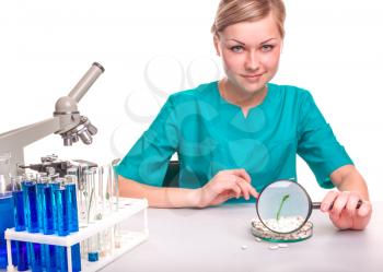 Scientists looking through a microscope.  smiling female scientist analyzing young plants at the laboratory