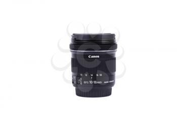 KYIV, UKRAINE - FEBRUARY 28, 2016:  Canon 10-18mm f/4.5-5.6 EF-S IS STM Lens. Canon Inc. is a Japanese multinational corporation specialized in the manufacture of imaging and optical products.