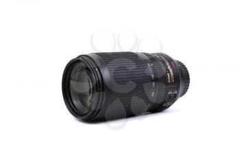 KYIV, UKRAINE - FEBRUARY 28, 2016:  Nikon 70-300mm f/4.5-5.6G IF-ED AF-S VR lens for  DSLR Nikon Cameras.  Illustrative editorial for product isolated on white background.