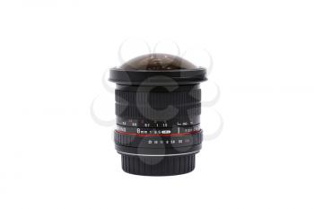 KYIV, UKRAINE - FEBRUARY 28, 2016:  Samyang 8mm f/3.5 UMC Fish-eye CS II AE  lens for  DSLR Nikon Cameras.  Illustrative editorial for product isolated on white background.