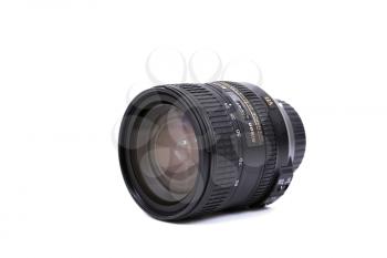 KYIV, UKRAINE - FEBRUARY 28, 2016:  Nikon 24-85mm f/3.5-4.5G VR ED AF-S lens for  DSLR Nikon Cameras.  Illustrative editorial for product isolated on white background.
