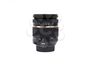 KYIV, UKRAINE - FEBRUARY 28, 2016: Tamron 17-50mm f/2.8 SP AF XR Di II VC LD lens for  DSLR Nikon Cameras.  Illustrative editorial for product isolated on white background.