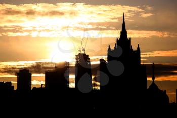 Sunrise at the Moscow city. Silhouette of buildings.
