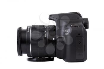 KIEV, UKRAINE, APRIL 25, 2016: Canon EOS 1200D Kit 18-55 DC DSLR black. Canon is the world largest SLR camera manufacturer.