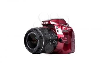 KIEV, UKRAINE, APRIL 25, 2016:  Nikon DSLR D3300 kit 18-55 VR red. Nikon Cameras are the Second Most Popular Cameras on the market after Canon.