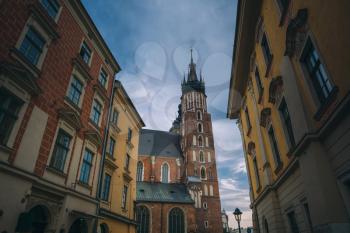 old town square, market, 23 April 2018 Krakow old town, summer, tourists street area. Beautiful old architecture