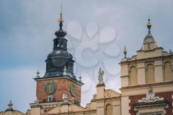 old town square, market, 23 April 2018 Krakow old town, summer, tourists street area. Beautiful old architecture