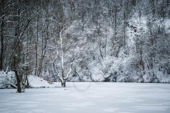 Winter landscape, a frozen lake in the snow. Frozen nature