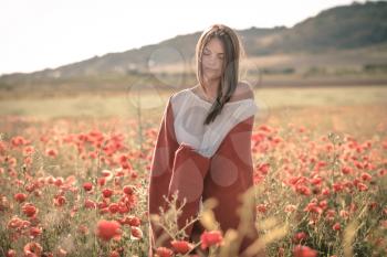 beautiful girl in a poppy field at sunset. concept of freedom. Closeup portrait of an attractive woman at sunset