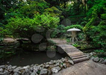 Japanese Crane Stone and Lantern. Magic Botanical Garden in Batumi, Georgia