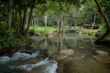 Beautiful river among green garden at elephant farm in Thailand. Rainy weather in March, Krabi
