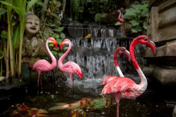 Statue at the Golden Mountain in Bangkok. pink flamingos among green garden