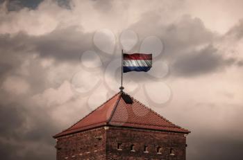 Flag with original proportions. Closeup of grunge flag of Netherlands